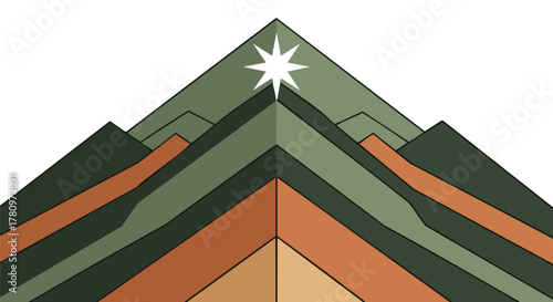 A beautifully stylized geometric illustration portrays majestic mountain peaks with distinct layered strata, culminating in a radiant star symbolizing ambition and success.