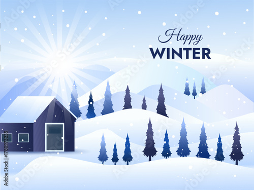 Snowy winter landscape background design. Snow in the forest winter season. Trees, pine, sun loungers, sunshine and falling snow vector illustration. Christmas background.