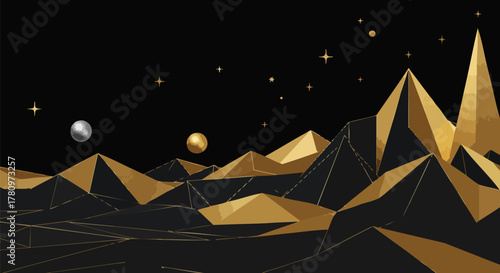 An opulent, abstract low-poly landscape features striking golden geometric mountains under a dark, star-filled sky, complemented by celestial spheres, creating a contemporary design.