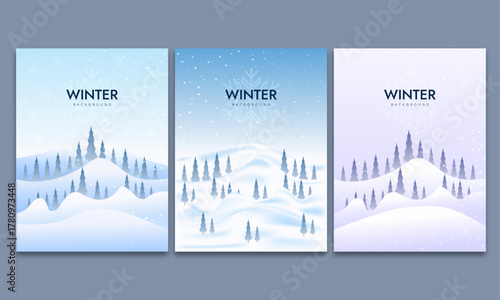 Snowy winter landscape design set of three. Snow in the forest winter season. Trees, pine, sun loungers and falling snow vector illustration. Christmas background.