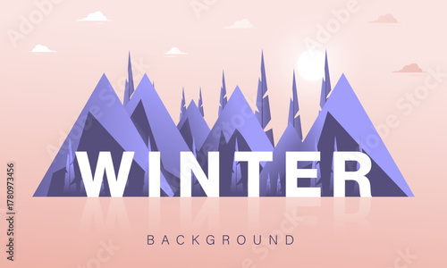 Snowy winter landscape background design. Snow in the forest winter season. Trees, pine, sun loungers and falling snow vector illustration. Christmas background.