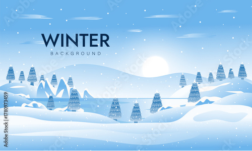 Snowy winter landscape background design. Snow in the forest winter season. Trees, pine, sun loungers, sunshine and falling snow vector illustration. Christmas background.