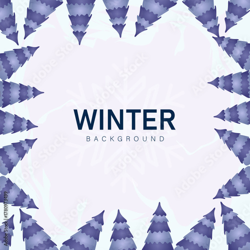 Snowy winter landscape background design. Snow in the forest winter season. Trees, pine, sun loungers and falling snow vector illustration. Christmas background.