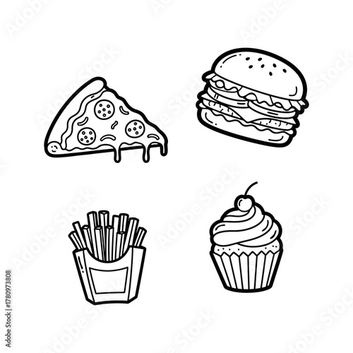 Fast Food Doodle Icon Set. Hand-Drawn Line Art Collection