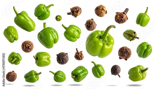 Wallpaper Mural Assortment of fresh green bell peppers and whole cloves isolated on white Torontodigital.ca