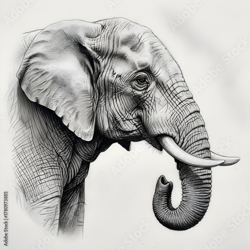 Detailed black and white portrait of an african elephant s head and trunk