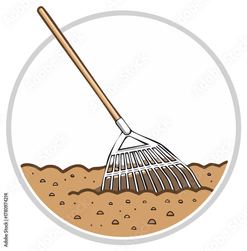 Gardening tool a rake cultivating brown soil in circular frame for agricultural work