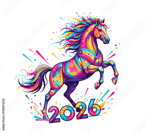 Dynamic horse with glowing neon colors standing above 2026 numbers. Bright explosion effects and vibrant palette reflect celebration, energy, and modern digital art style for the Year of the Horse