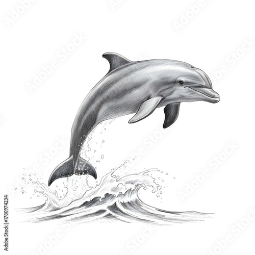 Graceful dolphin leaping from ocean waves in a detailed monochrome illustration