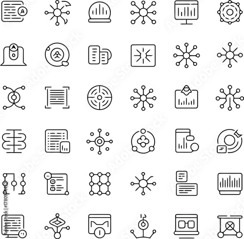 Abstract Network and Data Flow Icons in Outline Style Keywords: network, node, connection, data, flow, abstract, technology, business, icon