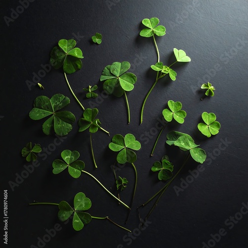 Wallpaper Mural Assortment of fresh green clovers scattered on a dark surface Torontodigital.ca