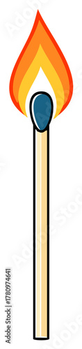 Burning Matchstick Illustration with Bright Flame, Wooden Stick, Safety Symbol, Ignition Tool