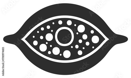 Abstract stylized eye symbol with circular pupil and many small white dots inside a dark outline.