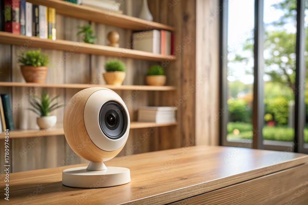 Obraz premium Smart Home Security Camera: Biophilic Design, Discreetly Placed on Bookshelf