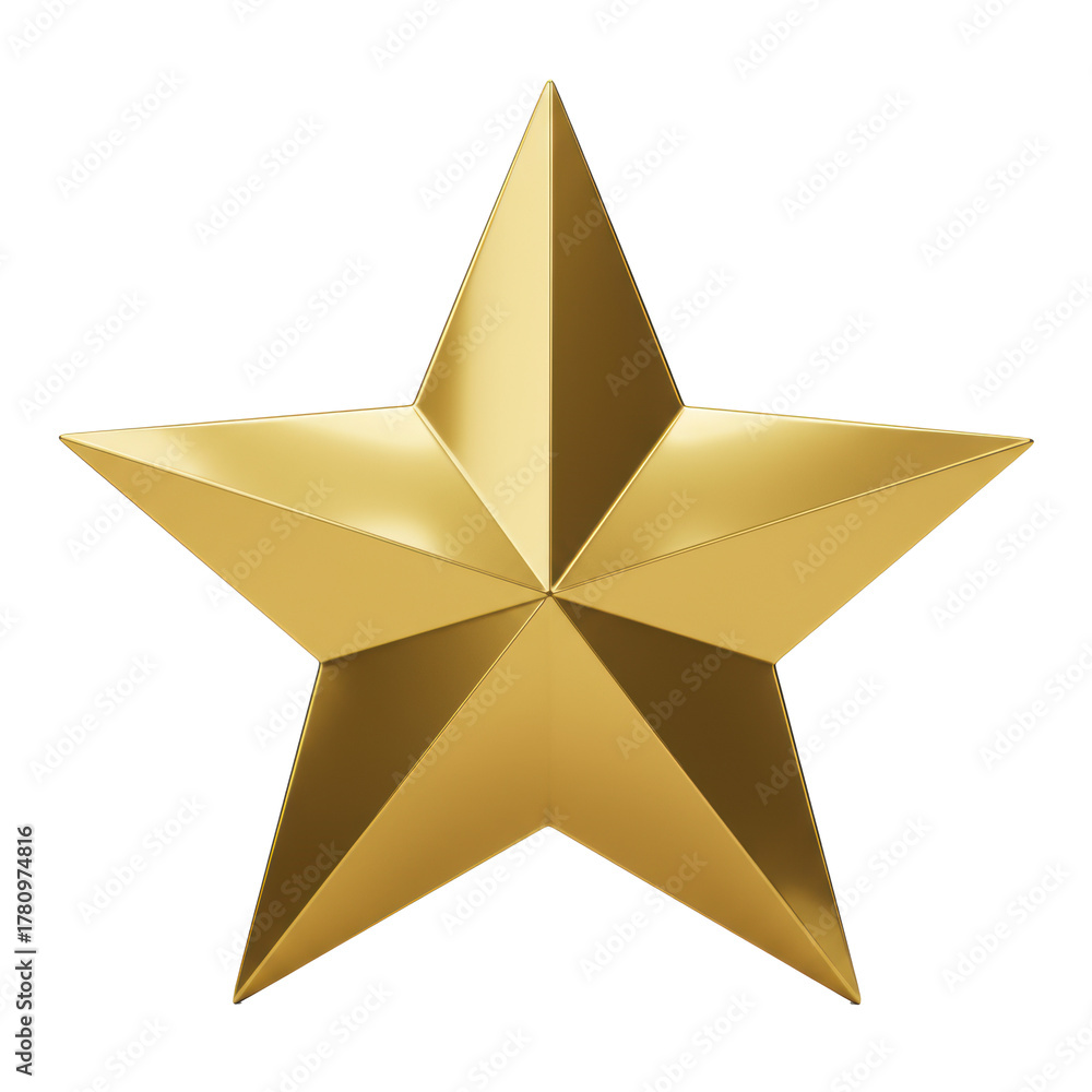 Obraz premium A single, plump, three-dimensional five-pointed star in highly polished, glossy gold metallic, reflective surface, intricate highlights, on transparent background with copy space, soft studio