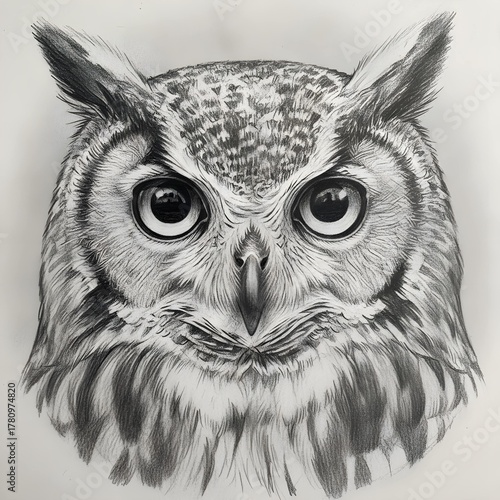 Detailed pencil sketch of a great horned owl s intense face