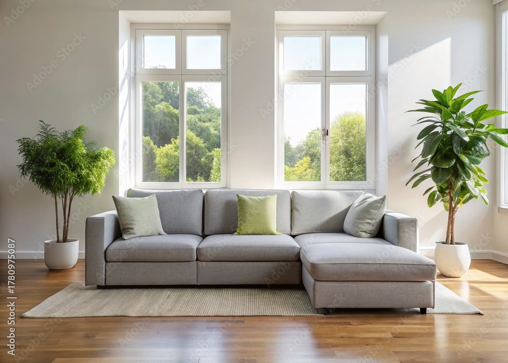 Fototapeta premium Sustainable Modular Sofa: Light Grey Recycled Fabric in Minimalist Living Room