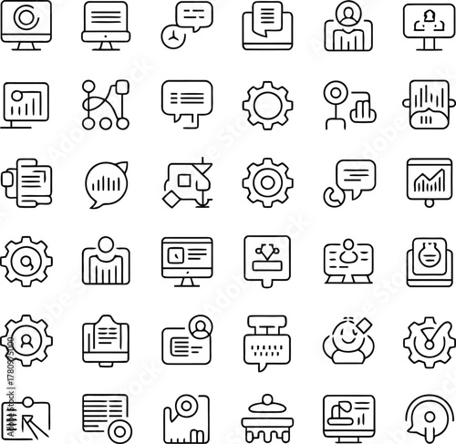 Collection of Business and Technology Icons in Outline Style Keywords: computer, monitor, screen, data, analytics, chart, graph, statistics