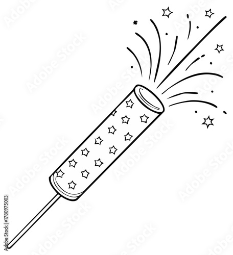 Hand-drawn illustration of a star-patterned party popper exploding with confetti and sparks