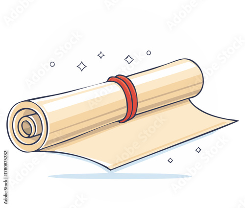 Magical rolled parchment scroll with a red band, an ancient manuscript or diploma illustration