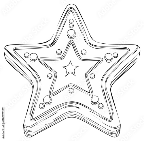 Hand-drawn star-shaped Christmas cookie or holiday ornament coloring page illustration