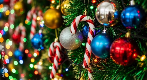 Christmas tree closeup featuring candy canes gold silver blue  red ornaments adorned with multicolored string lights