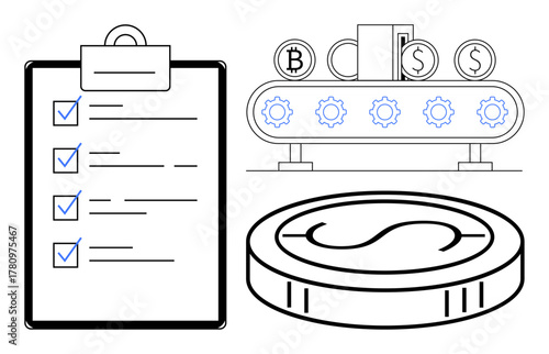 Checklist with marked tasks, gear conveyor with cryptocurrency symbols, and stylized coin. Ideal for fintech, cryptocurrency, blockchain, business planning, financial processes, productivity