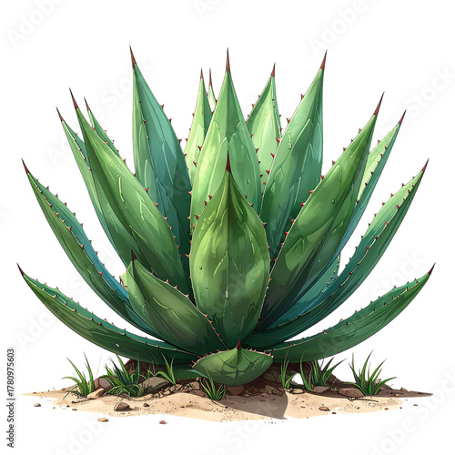 A digitally rendered green succulent plant with sharp, pointed leaves