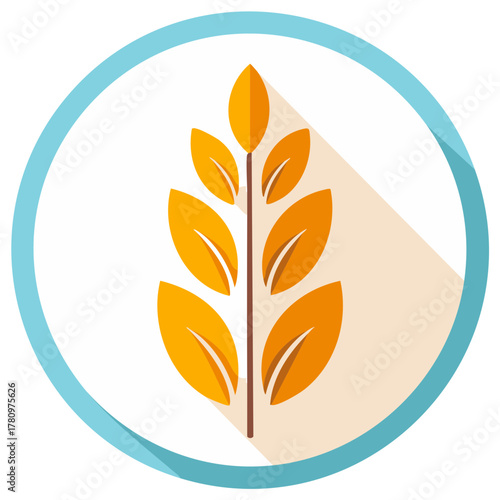 Stylized golden wheat stalk icon with blue circular border and long shadow