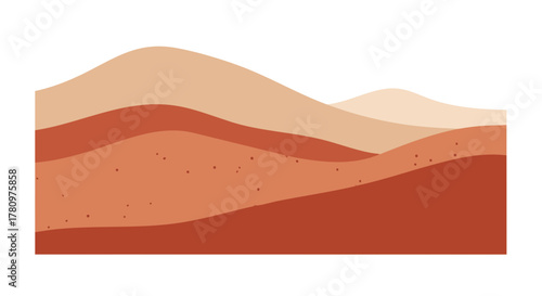 An abstract, layered illustration showcases gentle rolling desert dunes and sandy hills, rendered in a harmonious palette of warm, natural earth tones.