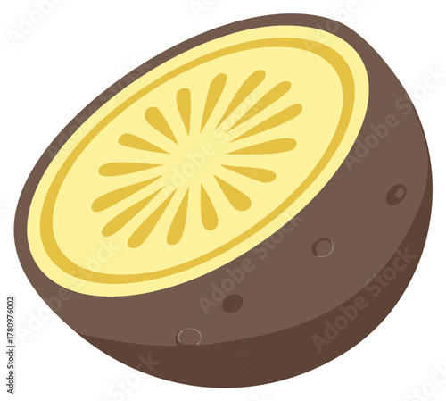 Stylized illustration of a half passion fruit with yellow pulp and brown rind