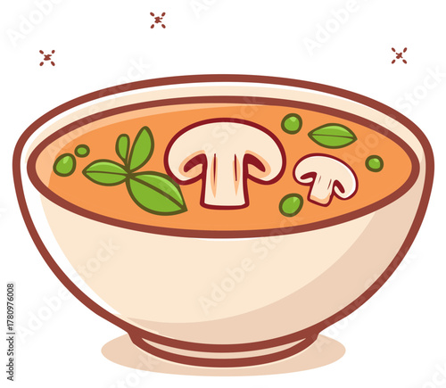 A cute cartoon illustration of a hot bowl of creamy mushroom soup with fresh herbs and peas