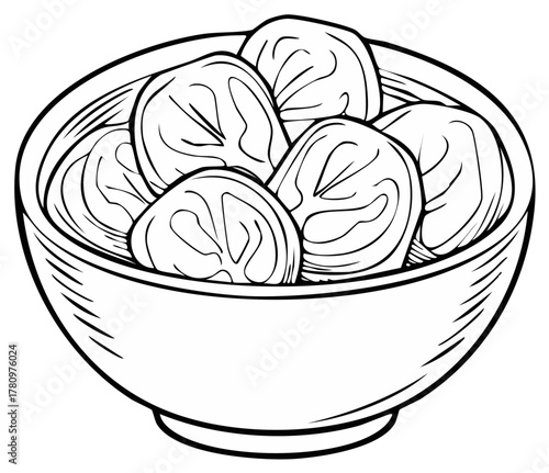 Bowl of Dumplings Illustration with Black Outline for Coloring Page or Recipe Book Art