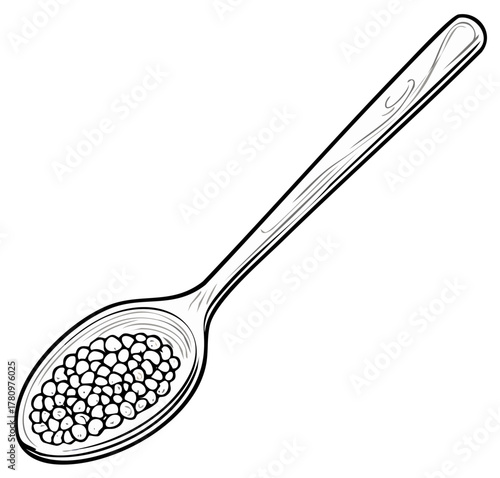 Spoonful of caviar in black and white line art illustration