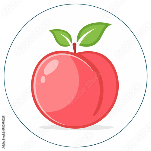 Cartoon Pink Peach Fruit with Green Leaves inside Circular Border Design
