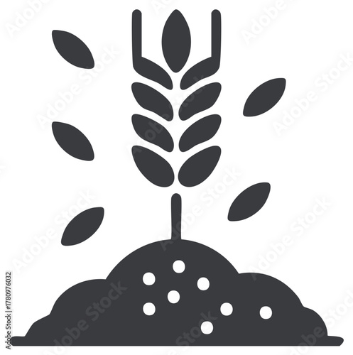 Black and White Icon Showing Wheat Growing From Soil and Seeds Falling Around
