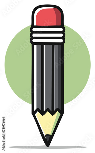 Pencil illustration with eraser and lead on a light green circle against a white background.