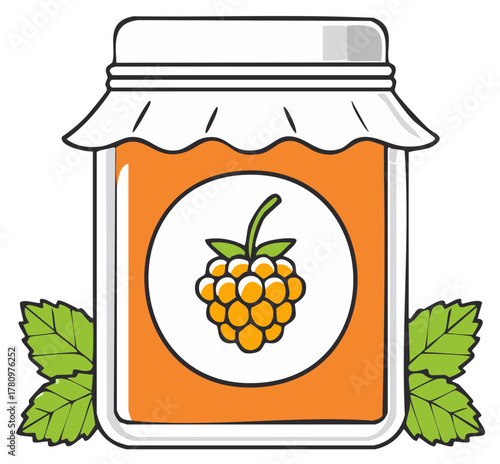 Jar of delicious yellow raspberry jam with fresh berries and leaves, vector illustration