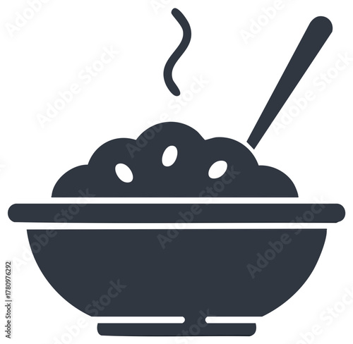 Hot Cereal Breakfast Bowl with Steam and Spoon Vector Icon