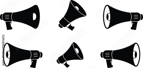 Megaphone silhouette, bullhorn icon, black graphic, vector illustration, sound amplifier, public speaking tool, announcement device, voice projection, alert, communicationMegaphone silhouette