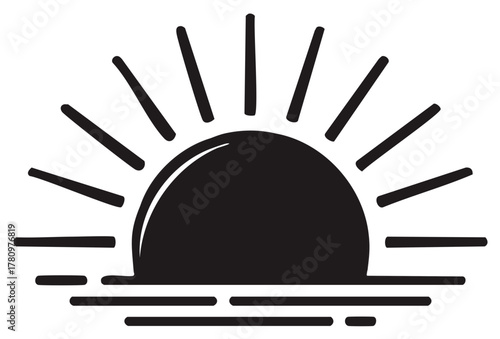 Stylized sun rising over water simple black and white drawing illustration sunrise over sea or ocean
