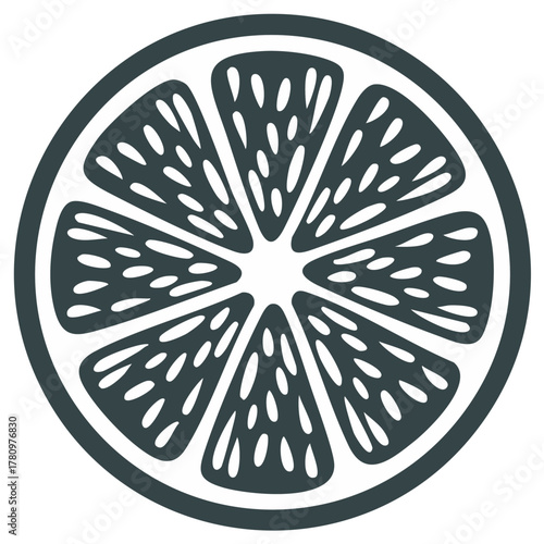 Stylized graphic of a dark gray citrus fruit slice with segmented interior on a white background