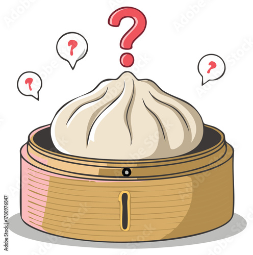Cute Mystery Steamed Dumpling in a Bamboo Steamer with Question Marks Illustration