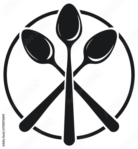 Three spoons crossed inside a circle, cutlery design element, restaurant or cafe logo, simple food graphic icon.