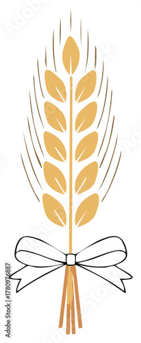 Elegant illustration of a single golden wheat stalk tied with a decorative white ribbon bow