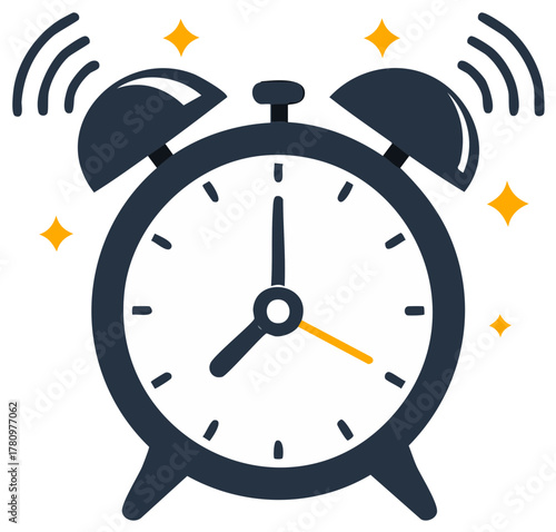 Cartoon illustration of a ringing alarm clock with stylized stars and sound waves