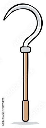 Cartoon illustration of a sickle agricultural tool, isolated on white background.