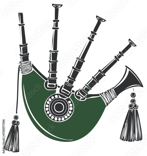 Stylized vector illustration of a traditional Scottish bagpipe musical instrument