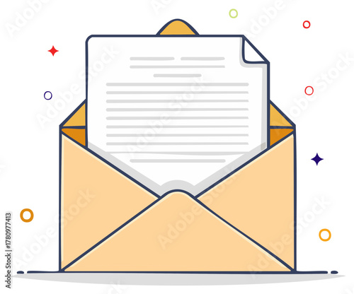 Open envelope with letter inside, communication concept illustration