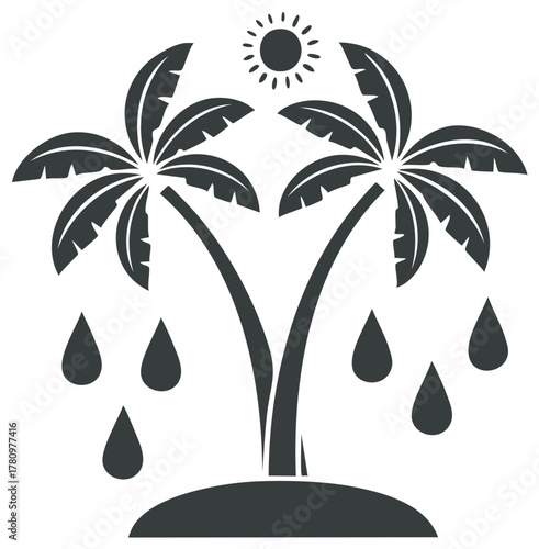 Two Palm Trees with Droplets and Sun Icon on a Small Island